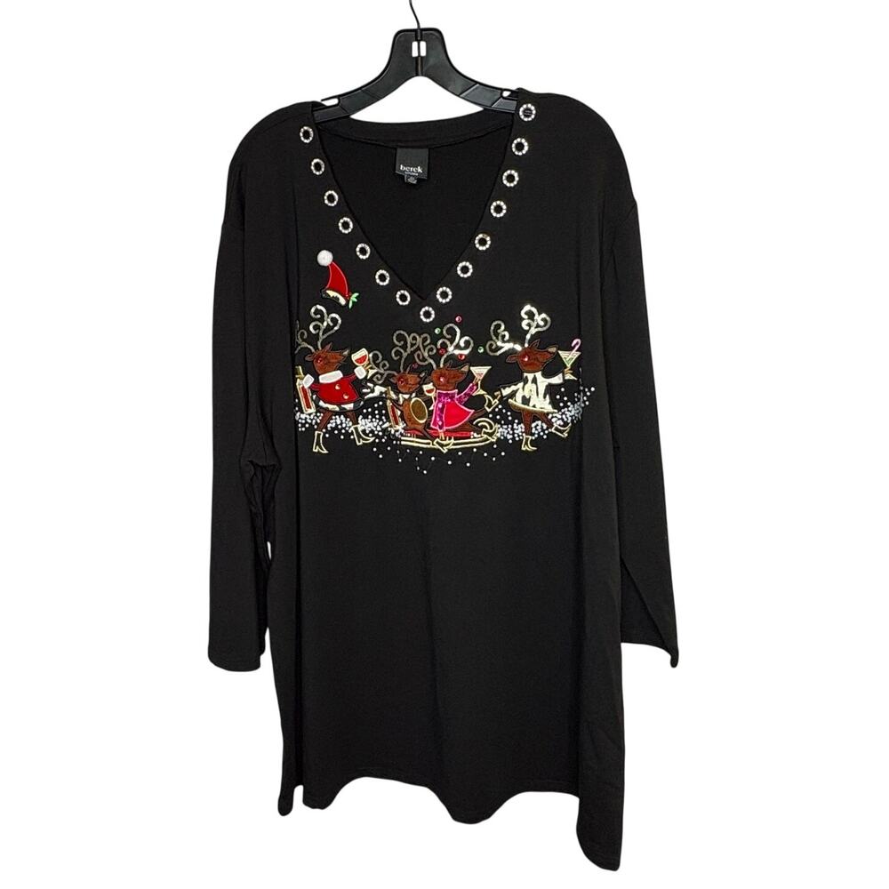Berek Studios Bling Christmas Reindeer Martini Embroidered Sequins Tunic Top 3XL